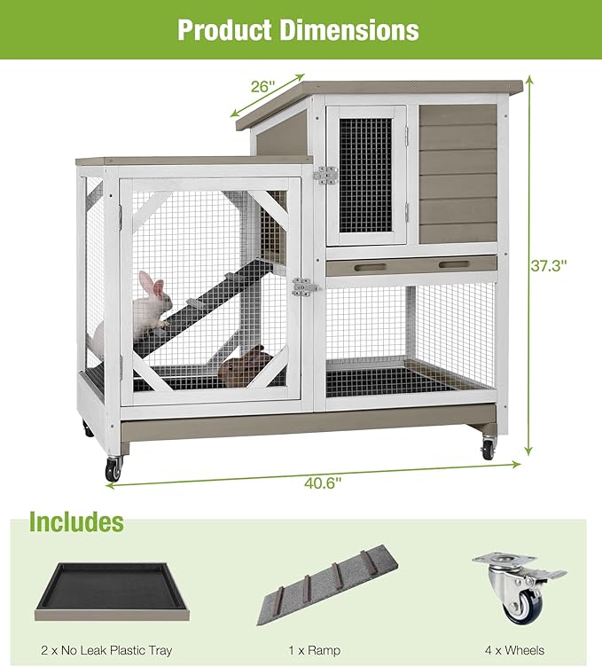 GUTINNEEN Rabbit Hutch Indoor and Outdoor, Rabbit Cage on Wheels with 2 Deep Pull Out Trays, Wooden Bunny Cage with Non-silp Ramp and Sliding Door, Mocca Color