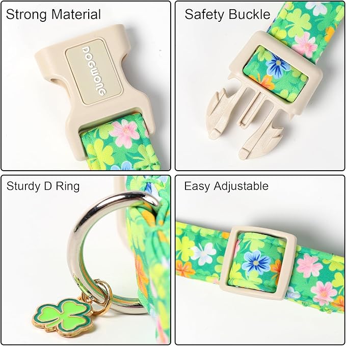 DOGWONG St. Patrick Dog Collar, Comfortable Adjustable Green Clover Pattern Dog Collar for Meidum Large Male Female Dogs,M