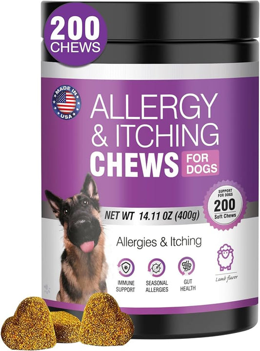Dog Allergy Chews - Dog Allergy and Itching Skin Relief Anti Itch Aller Immune Bites for Dogs Licking Paws Relief Itchy Chew Probiotics Vitamins for Skin and Coat Allergies - (Lamb, 200 Ct)