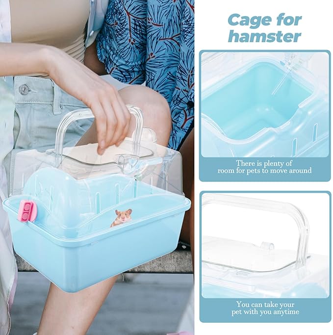 POPETPOP Portable Hamster Cage : Plastic Hamster Carrier with Water Bottle - Breathable Small Animal Carrier Cage for Gerbil Hedgehog, 8.84X6.68X6.48in (Blue)
