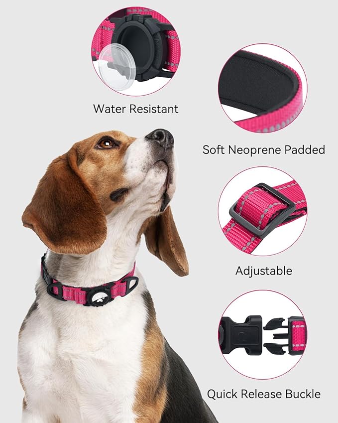 Joytale Airtag Dog Collar, Reflective Pet Collar with Waterproof AirTag Holder, Dual D-Rings, Soft Padded Adjustable for Extra Small and Puppy Dogs, Hotpink, XS
