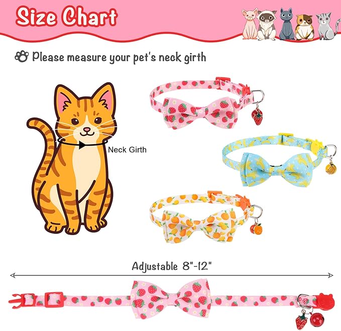 Breakaway Cat Collar with Removable Bow Tie and Bell, Cute Multi-Style Patterns, 3 Pack Safety Buckle Kitten Collars, Adjustable Pet Collar for Cats Puppy (Style B - Fruit)
