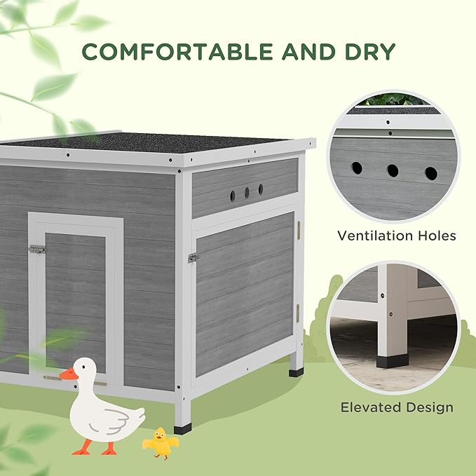 PawHut Duck Coop, Wooden Chicken House Rabbit Hutch with Openable Roof, Removable Floor, Double Doors, Ramp, Duck House for 2-4 Chickens, Geese, 25" x 32" x 30"