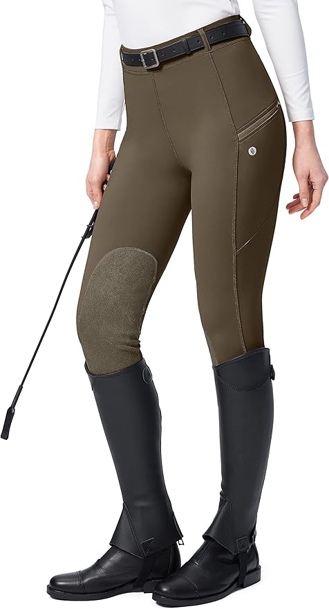 SANTINY Women's Horse Riding Pants with Zipper Pockets Knee-Patch Schooling Tights Equestrian Breeches for Women