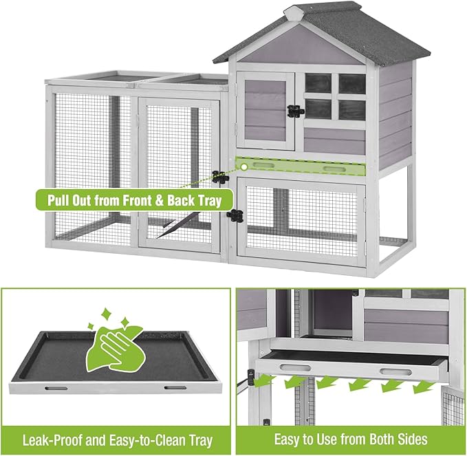 GUTINNEEN Large Rabbit Hutch Outdoor 2-Level Wooden Chicken Coop Indoor Weatherproof Bunny Cage Guinea Pig House with Waterproof Roof, Leak-Proof Pull Out Tray, Lockable Door for Small Animals (Grey)