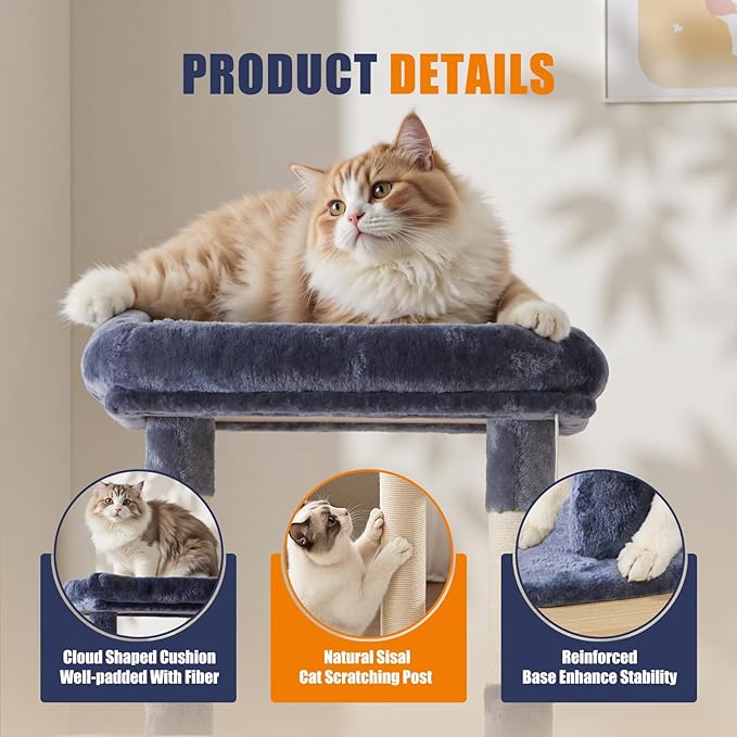 Large Cat Tree 63 Inch, Multi-Level Tall Cat Tree Tower with Condo, Perch, Sisal Scratching Posts Board and Hammock, Pet Play House with Dangling Balls for Indoor Cats, Dark Grey