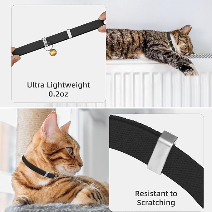 Cat Collar with Bell, Nylon, 7-12 Inch Adjustable, Soft None Breakaway Lightweight Collar for Girl Boy Kitten Black