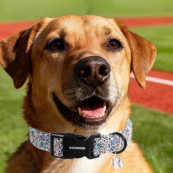 DOGWONG Baseball Dog Collar-Cute Boy Baseball Dog Collar, Adjustable Soft Male Dogs Collars for Large Dogs, L