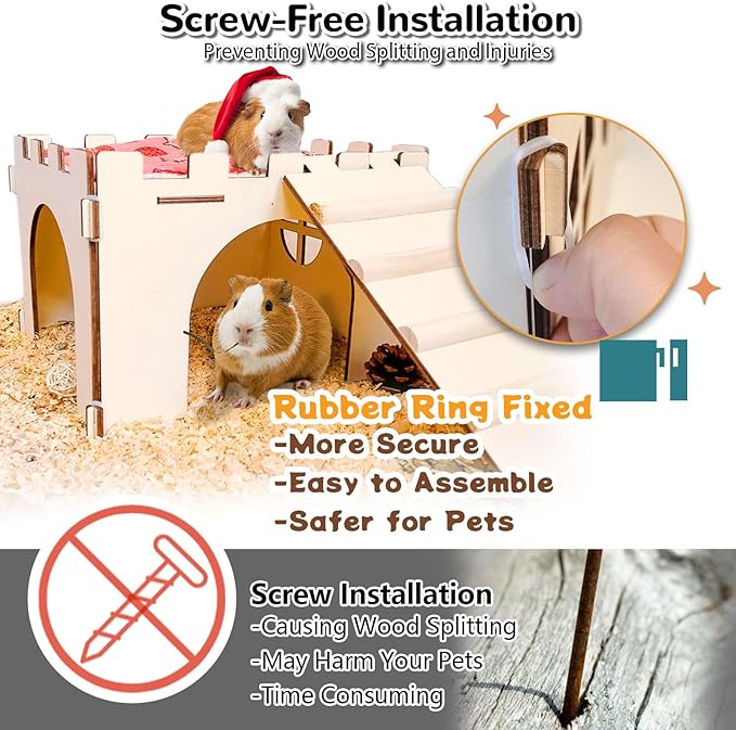 2PCS Guinea Pig Hideout,Large Wooden Guinea Pigs House with Stairs and Mats,Detachable Guinea Pig Castle Hide for Small Animals Hamster Chinchilla Ferret Habitats Accessories