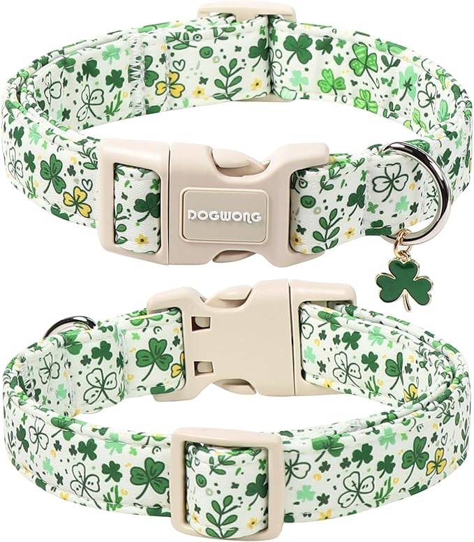 DOGWONG St Patrick's Dog Collar, Green Clover Pet Collar Cotton Holiday Pet Collar Cute Puppy Collar Adjustable Pet Dog Collars for Small Medium Dogs,M