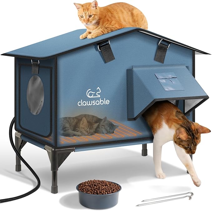Upgraded Heated Cat House for Outside Escape Door, Highly Insulated Heated Outdoor Cat House Waterproof Awning, Weatherproof Outdoor Feral Cat Shelter for Stray Winter