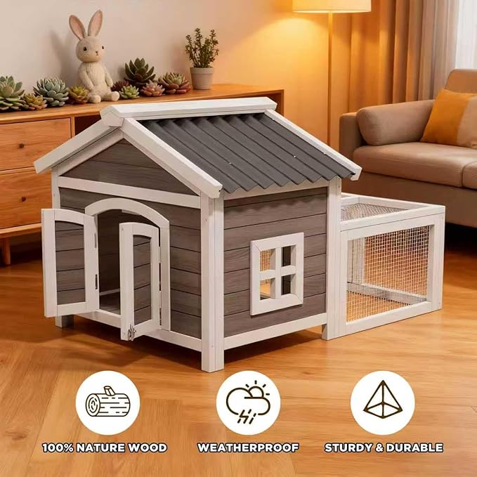 Wooden Rabbit Hutch Indoor and Outdoor,Chicken Coop,Bunny Cage Rabbit House with Waterproof Roof,Windows and Ventilation Door for Quails Ducks Guinea Pigs (White+Black)