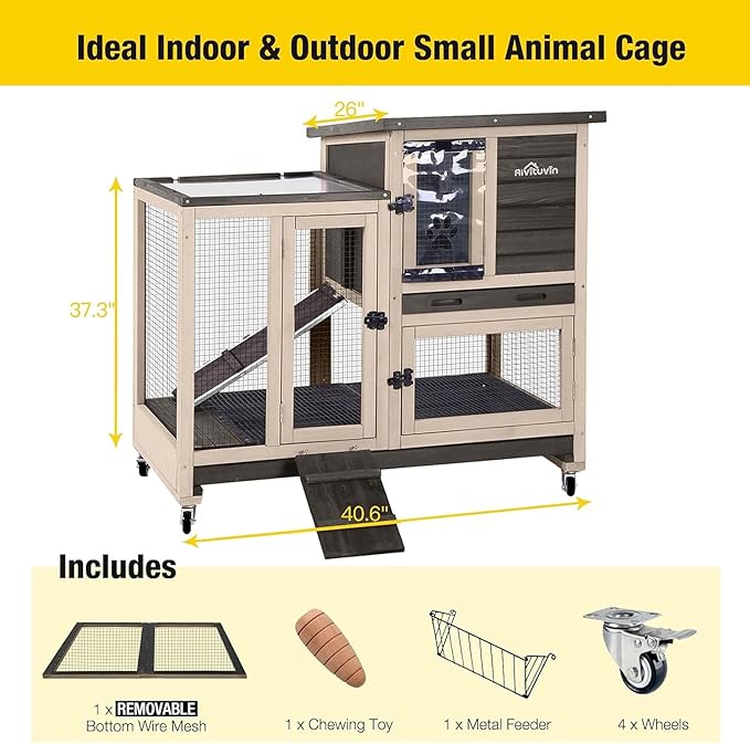 Aivituvin Rabbit Hutch Bunny Hutch Large Rabbit Cage, Indoor Bunny Cage Outdoor Rabbit House (Coffee Color)