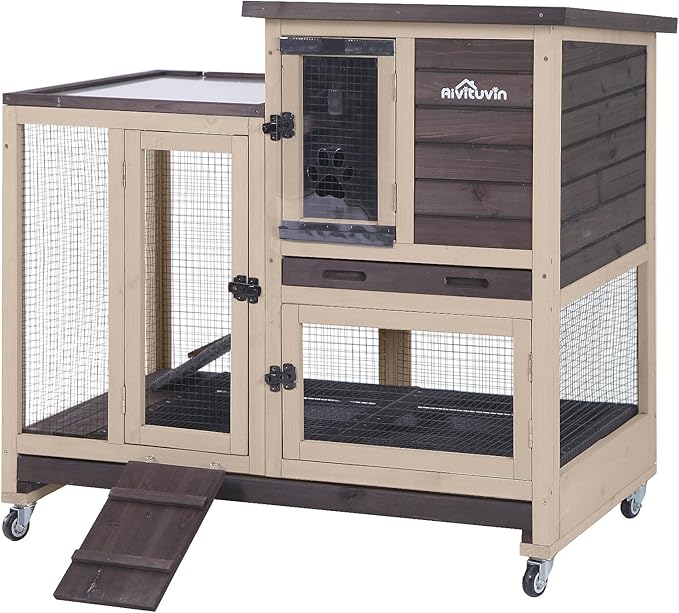 Aivituvin Rabbit Hutch Bunny Hutch Large Rabbit Cage, Indoor Bunny Cage Outdoor Rabbit House (Coffee Color)