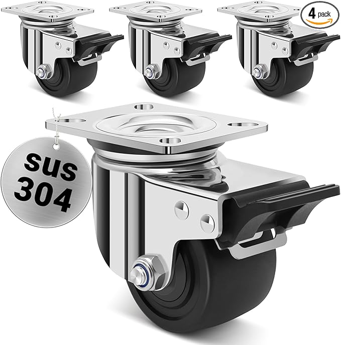 Nefish 3 Inch Heavy Duty Stainless Steel Low Gravity Casters, SUS 304 Industrial Grade Stainless Steel Caster Wheels with Brakes, Durable Castors Set of 4 with Nylon Wheels for Industrial, Equipment