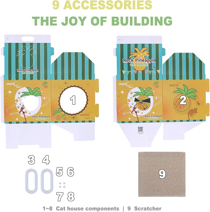 Cardboard Cat House with Scratcher - Yellow Pineapple CartonMilk Box -13''L x 13''W x 22.5''H for Cats up to 16 Lbs - Portable Handle for Easy Transportation -Indoor Cat Playhouse & Hideaway