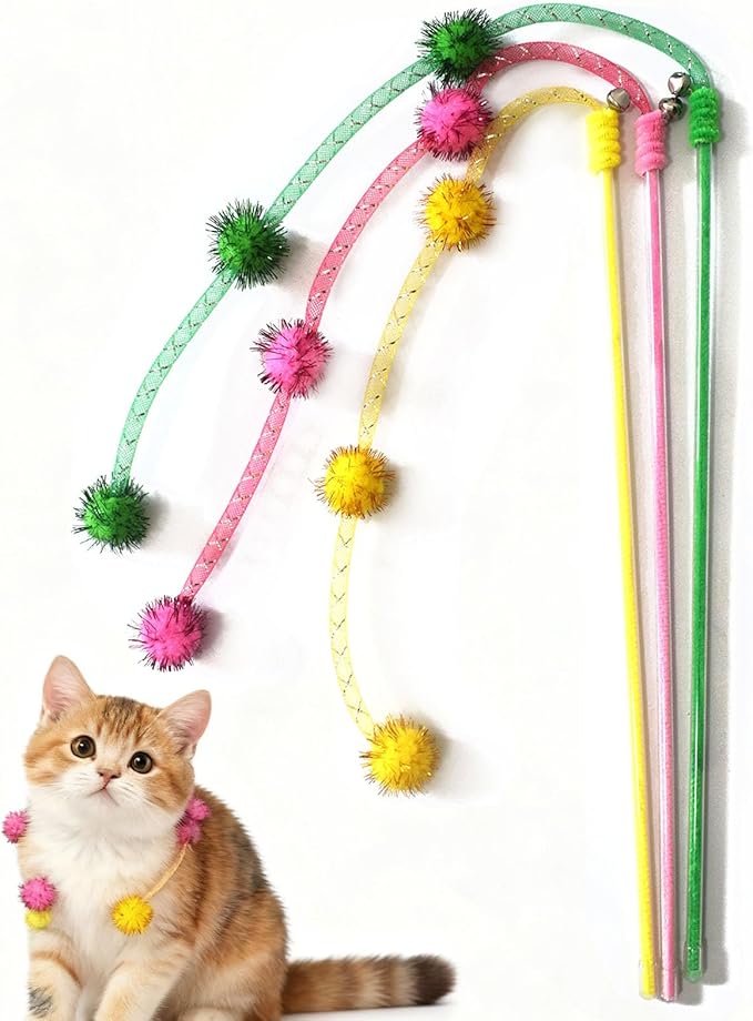 IUHKBH Cat Wands, 3 PCS Mesh Tube Teaser Toys with Fur Ball Cute Aesthetic Kitten Wand Interactive Cat Toy for All Breed Sizes
