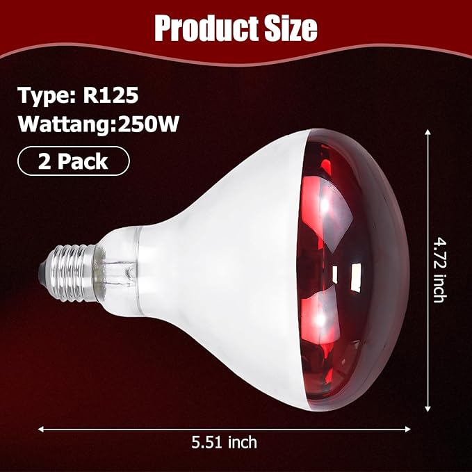 250W Infrared Heat Lamp for Chicken, Red Heat Light Bulb R125 2 Pack, Heat Lamp Bulb for Chick Croop, Reptiles, Pets, Food