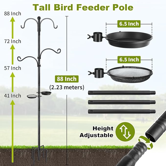 Bird Feeder Poles, Bird Feeding Station with Water Bowl and Birds Seed Tray, 88 Inch Shepherds Hooks for Outdoor Heavy Duty, 1-Inch Dia Humming Birds Feeder Stand Hanger Post with 4 Hooks