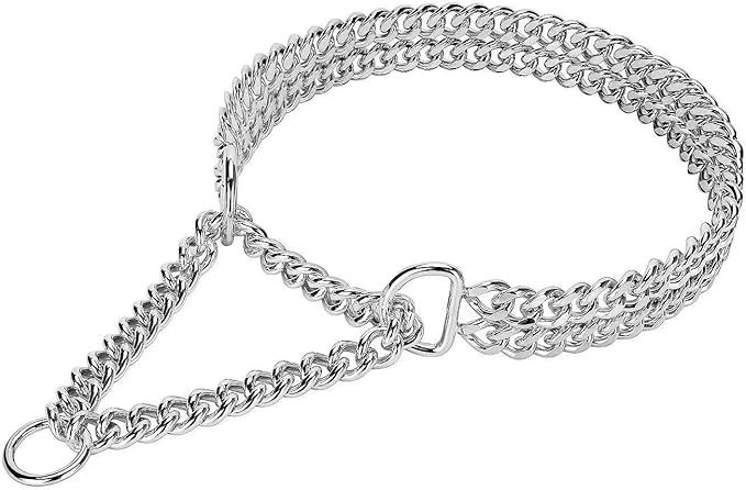 Silver Dog Chain Collar - Stainless Steel, Adjustable Walking, Metal Cuban Link Collar - Chew Proof, Double Row Chain for Large, Small, Medium Dogs
