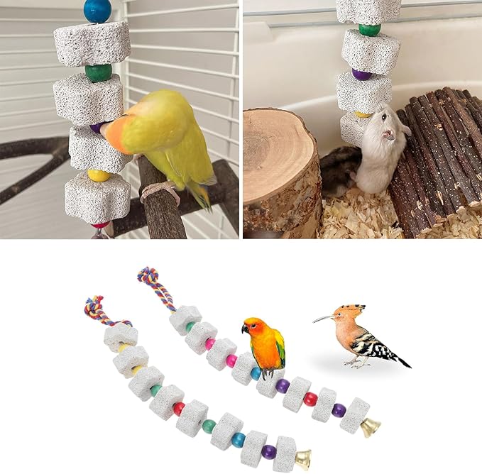 2 Pack Mineral Block Chicken Chewing Toy, KABASI Bird Beak Grinding Calcium Stone with Bells, Chicken Coop Accessories for African Grey, Budgies Cockatiels Parrot Hens Geese Ducks Hamster Rabbit