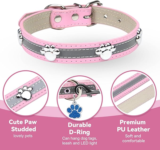 PETCARE Reflective Dog Collar with Cute Paw Rivet Studded Funny Soft PU Leather Adjustable Puppy Dog Collars for Small Medium Large Dogs Cats (Pink,Medium)