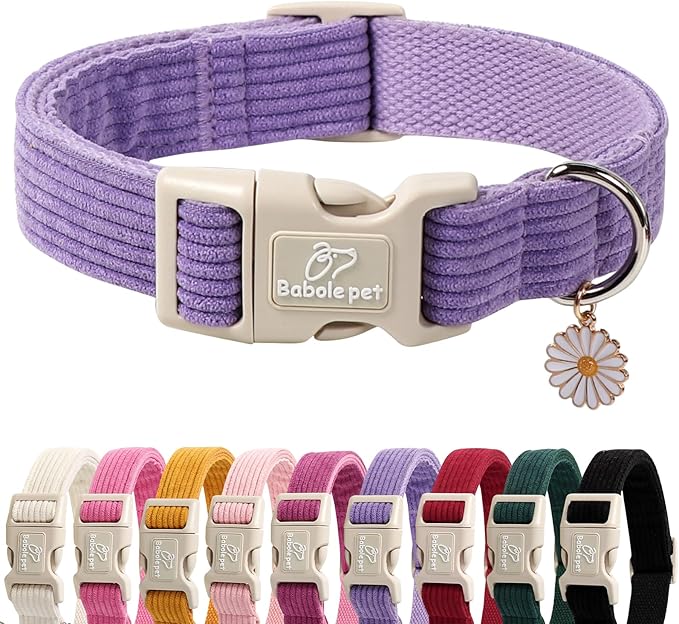 Cute Corduroy Dog Collar - Lavender Adjustable Dog Collars for Large Dogs 50-80lbs, Fade-Proof with Secure Snap & Little Charm, Christmas Birthday Gift, L