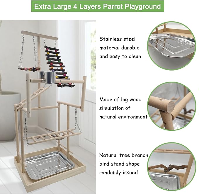 Hamiledyi 4 Layers Large Bird Playground 32" H Pet Parrot Playstand Gym Perch Wood Playpen for Parakeets Lovebirds Conure Cockatiel Cockatoos Finch Budgies or Other Small and Medium Sized Birds
