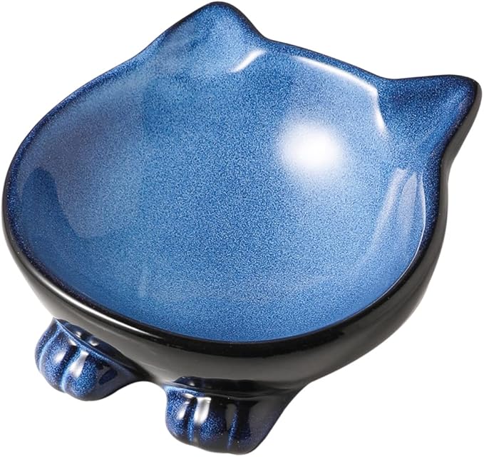 Nihow Ceramic Basic Cat Bowl: 5 Inch Cat Dish for Food & Water - Food Grade, Microwave & Dishwasher Safe - Elegant Blue & Black (4.25 OZ /1 PC)