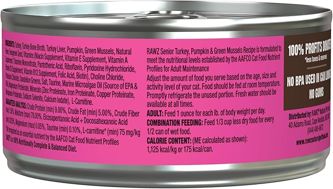 Rawz Natural Premium Pate Canned Cat Wet Food - Made with Real Meat Ingredients No BPA or Gums - 5.5oz Cans 24 Count (Turkey & Green Mussels for Seniors)