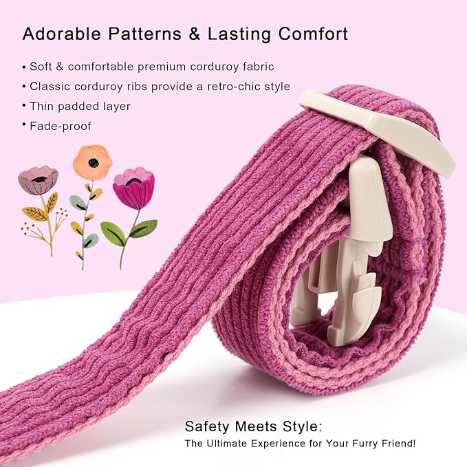 Cute Corduroy Dog Collar - Fuchsia Adjustable Dog Collars for Small Dogs 10-25lbs, Fade-Proof with Secure Snap & Little Charm, Christmas Birthday Gift, S