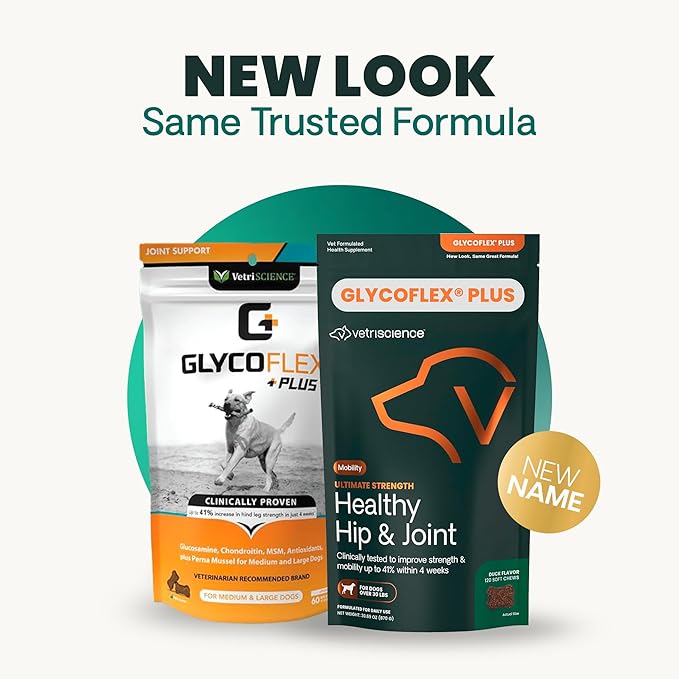 VetriScience Ultimate Strength Healthy Chews– Dog Glycoflex Plus Hip and Joint Supplement Glucosamine, MSM for Dogs & Green Lipped Mussel for Dogs, Duck, 60Count - New Look