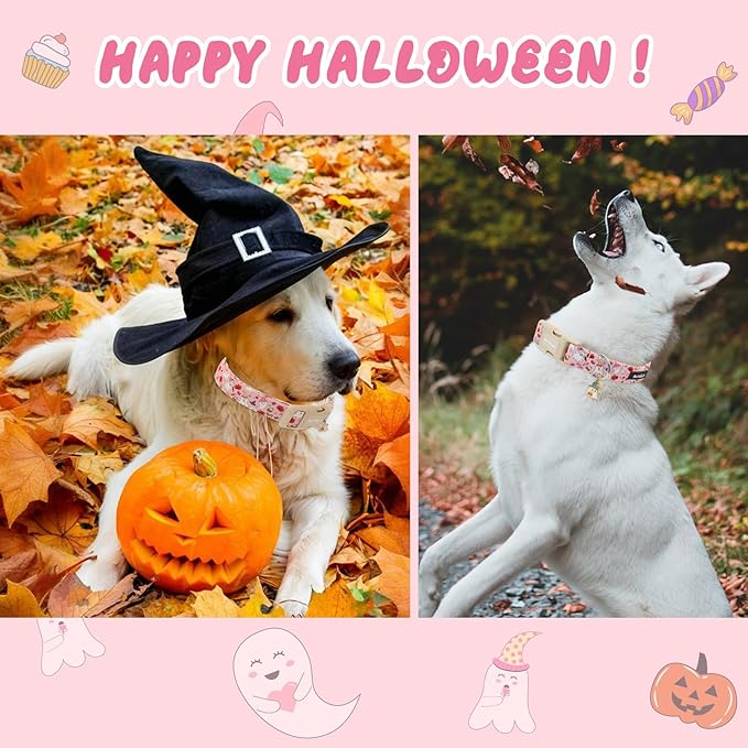 Halloween Dog Collar, Fall Dog Collars for Small Dogs, Cute Pink Puppy Collar with Adorable Ghost & Pumpkin Design, Soft Cotton Small Dog Collars Girl Boy Dog Collar-S