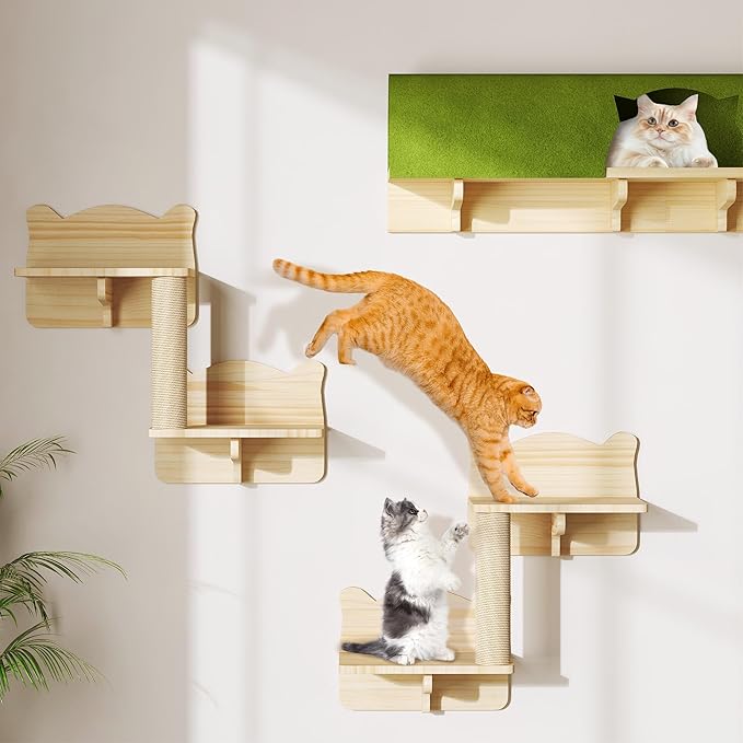 Cat Wall Shelves, 7-in-1 Solid Wood Wall-Mounted Cats Furniture Set with Scratching Post, Cat Climbing Wall Systems with 40''L Tunnel, Steps, Cats Shelf Furniture