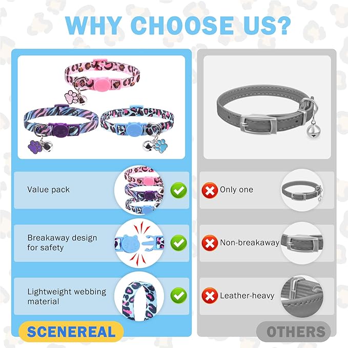 SCENEREAL Breakaway Cat Collar with Bells, Safety Buckle Soft Adjustable Cute Cats Collars for Summer, Kitten Puppy Personalised Leopard and Tiger Print Collars for Dogs Girl Boy