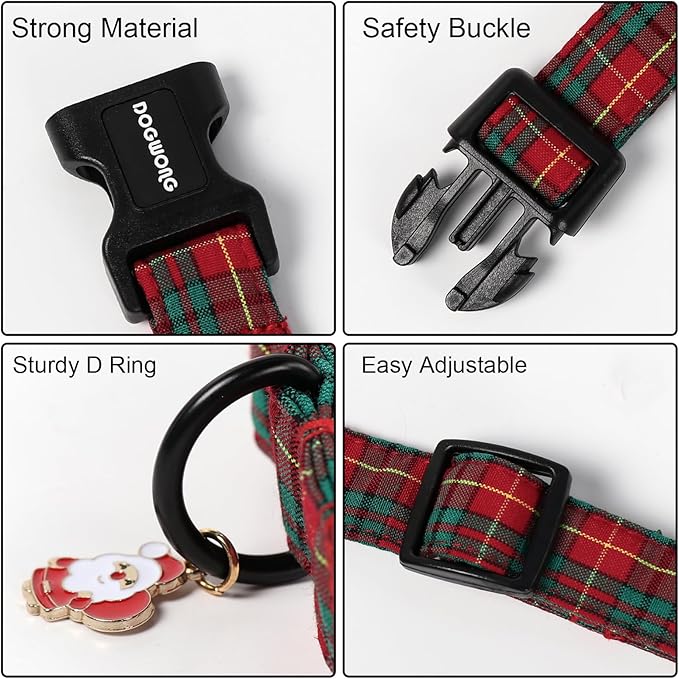 DOGWONG Christmas Plaid Dog Collar- Adjustable Red Tartan Collar, Scottish Red Grid Dog Collar with Strong Plastic Buckle for Small Medium Large Dogs,M