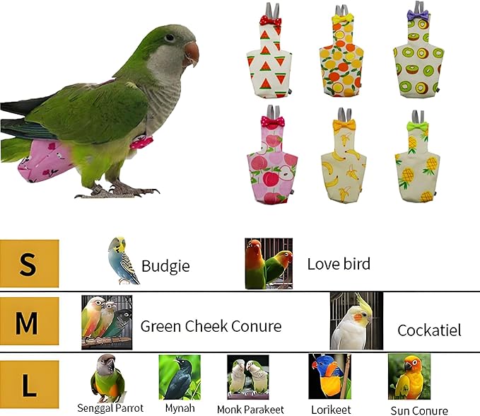 6PCS Washable Reusable Bird Diapers with Waterproof Lining & Adjustable Straps – Soft Parrot Diaper Clothes Costume Set for for Parakeets, for Budgies, for Mini Macaws (S)