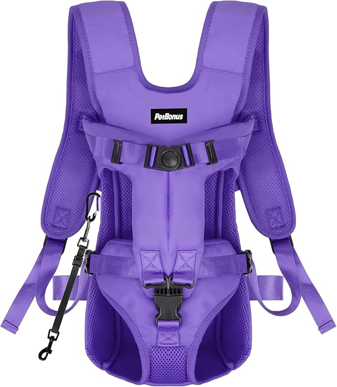 PetBonus Pet Front Dog Carrier Backpacks, Adjustable Pet Backpack, Legs Out Easy-fit Puppy Chest Carrier for Medium Small Dogs, Hands Free for Hiking, Cycling (Purple, S)