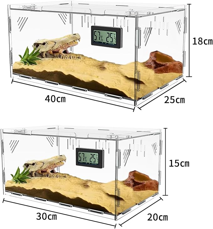 Reptile Terrariums, with Temperature Hygrometer, 11.8"x7.9"x5.9" Acrylic Reptile Breeding Box Terrarium Cage Tank for Small Reptile Insect Home Office