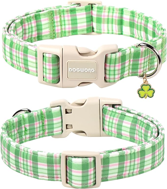 DOGWONG Pink Plaid Adjustable Pet Collar Comfortable Spring Summer Puppy Collar Cute Cotton Collars Durable Necklace Gift for Large Dogs,XL