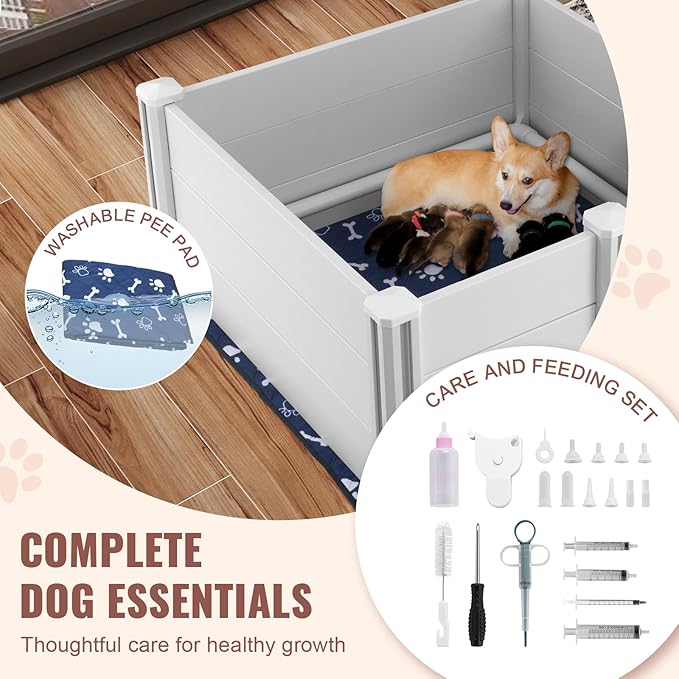VEVOR Whelping Box for Dog, 38.6 x 38.6 x 18.1in Whelping Pen for Puppies, Dog Birthing Box with Rails and Washable Pee Pad, Whelping Box for Medium Breed Dogs, White