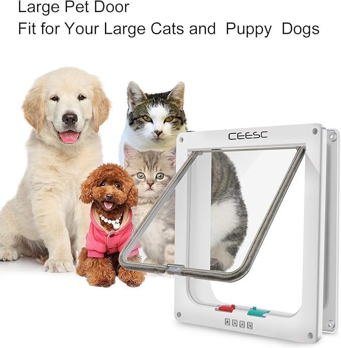 CEESC Extra Large Cat Door (Outer Size 11"x9.8"), Weatherproof, White, ABS Material, 4-Way Locking Flap for Cats & Dogs up to 25.54 lbs