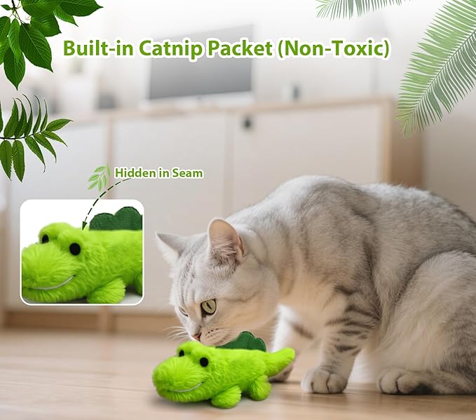 Interactive Cat Toys for Indoor Cats - Self-Charging Croc Chase Toy with 360° Motion, Wagging Tail & Catnip, Automatic Exercise Toy for Bored Kittens/Adults(Plush Fur)
