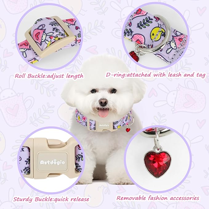 Easter Dog Collar for Mediuml Dogs, Easter & Spring Theme Medium Dog Collar with Cute Chick & Bunny Pattern, Adjustable Purple Easter Dog Collars Girl Boy Collar for Dogs -M