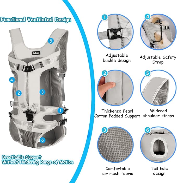 PetBonus Pet Front Dog Carrier Backpacks, Adjustable Pet Backpack, Legs Out Easy-fit Puppy Chest Carrier for Medium Small Dogs, Hands Free for Hiking, Cycling (Grey, L)