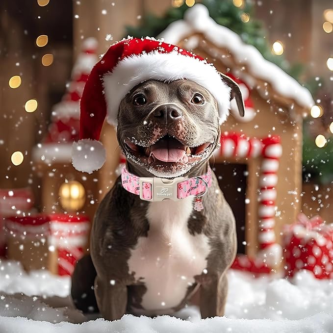 Christmas Dog Collar for Large Dogs - Cute Xmas Tree Print Pink Christmas Collars for Dogs, Soft Adjustable Winter Holiday Dog Collars with Quick Release Buckle L