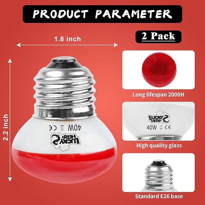 LUCKY HERP Infrared Heat Lamp, 40W Reptile Heat Lamp 2 Pack Red Heat Lamp Bulbs, Infrared Basking Spot Heat Light Bulb, Amphibians Heat Lamp Bulbs for Reptile, Geckos, Snakes, Lizard, Turtle