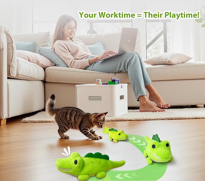 Interactive Cat Toys for Indoor Cats - Self-Charging Croc Chase Toy with 360° Motion, Wagging Tail & Catnip, Automatic Exercise Toy for Bored Kittens/Adults(Smooth Fur)