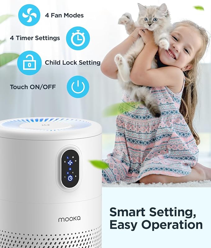 MOOKA Air Purifiers for Home Large Room up to 1076ft², H13 True HEPA Air Filter Cleaner, Odor Eliminator, Remove Smoke Dust Pollen Pet Dander, Night Light, B-D02L White