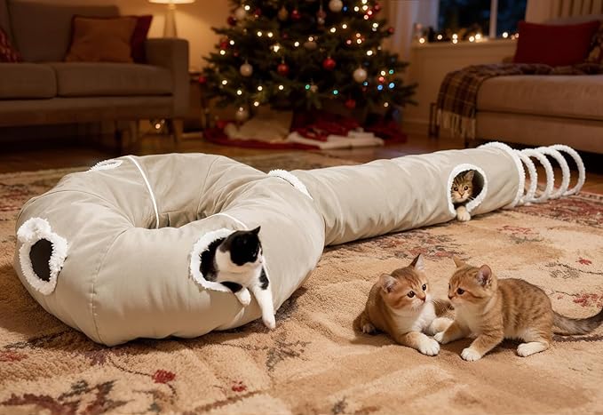 Ownpets 2-in-1 Cat Tunnel, Large Lollipop Shape Cat Tunnel Toy with Fluffy Balls, Spiral Toy, Plush Collapsible Cat Cave Hideout Donut Tunnel for Multi Kitten Puppy Rabbit, Beige